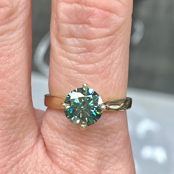 14k Yellow Gold 1 Carat Teal Blue / Aqua Diamond Moissanite Engagement Ring - Picture 11 of 14